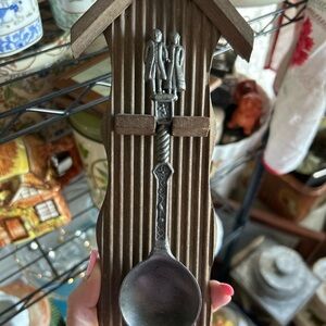 Vintage Dutch pewter wedding spoon and wooden holder
